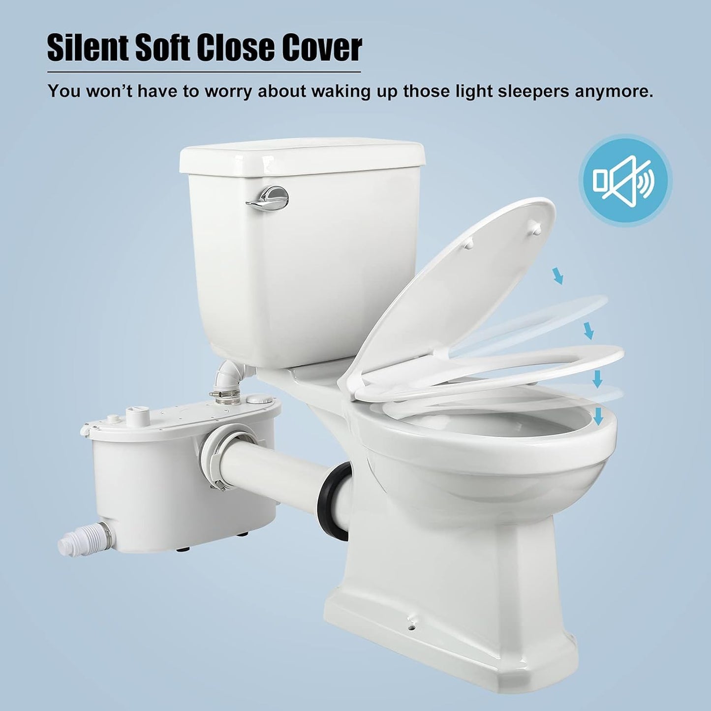 Macerating Toilet with 500W Pump, Two Piece Toilet with Extension Pipe,Elongated Bowl, Toilet Tank with Front Flush Valves, 3 Water Inlets Connect Full Bathroom, Sink, Toilet, Water Disposal