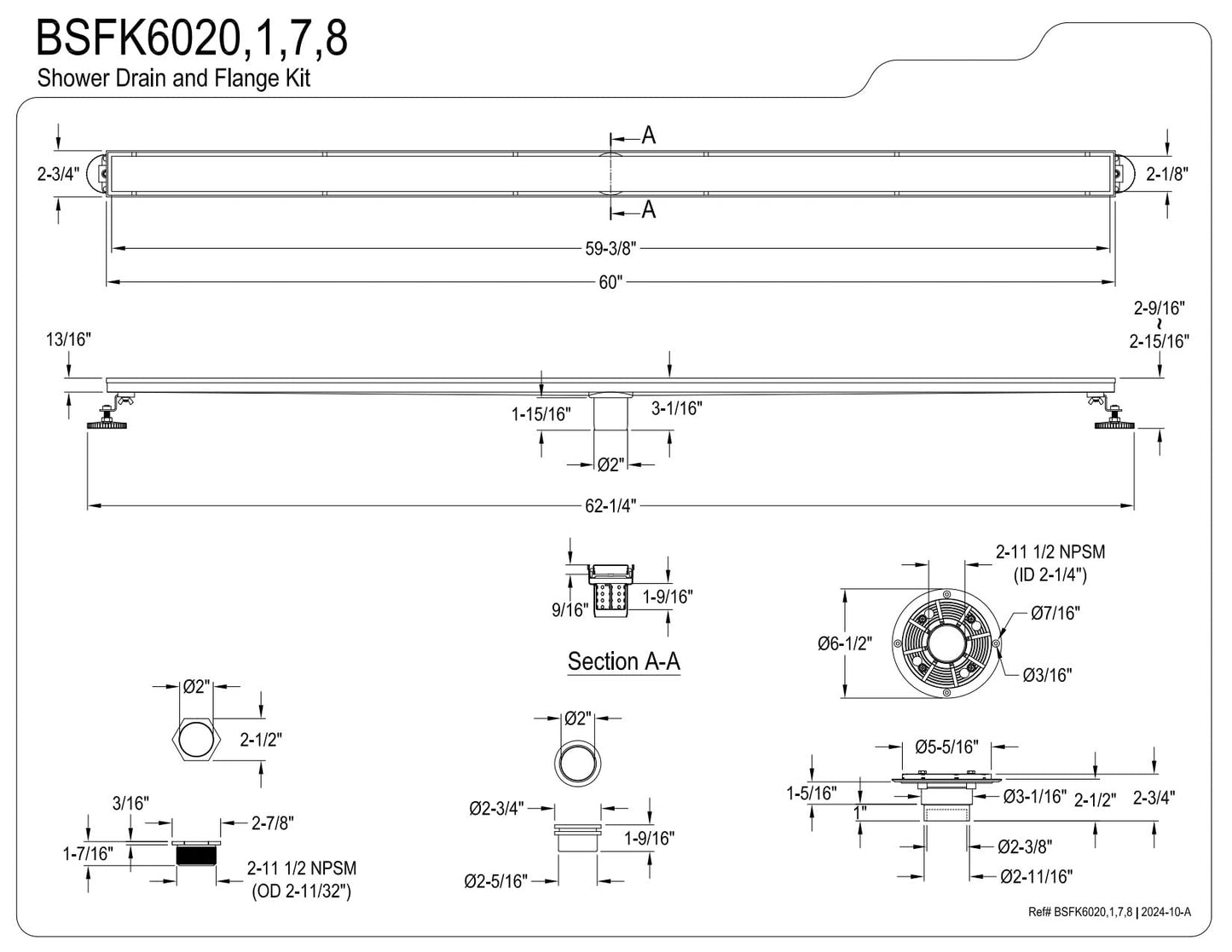 Kingston Brass BSFK6028 Watercourse 60" Stainless Steel Linear Shower Drain with Reversible Tile Insert and Flat Grate, Drain with Base Flange and Hair Strainer, Brushed Nickel