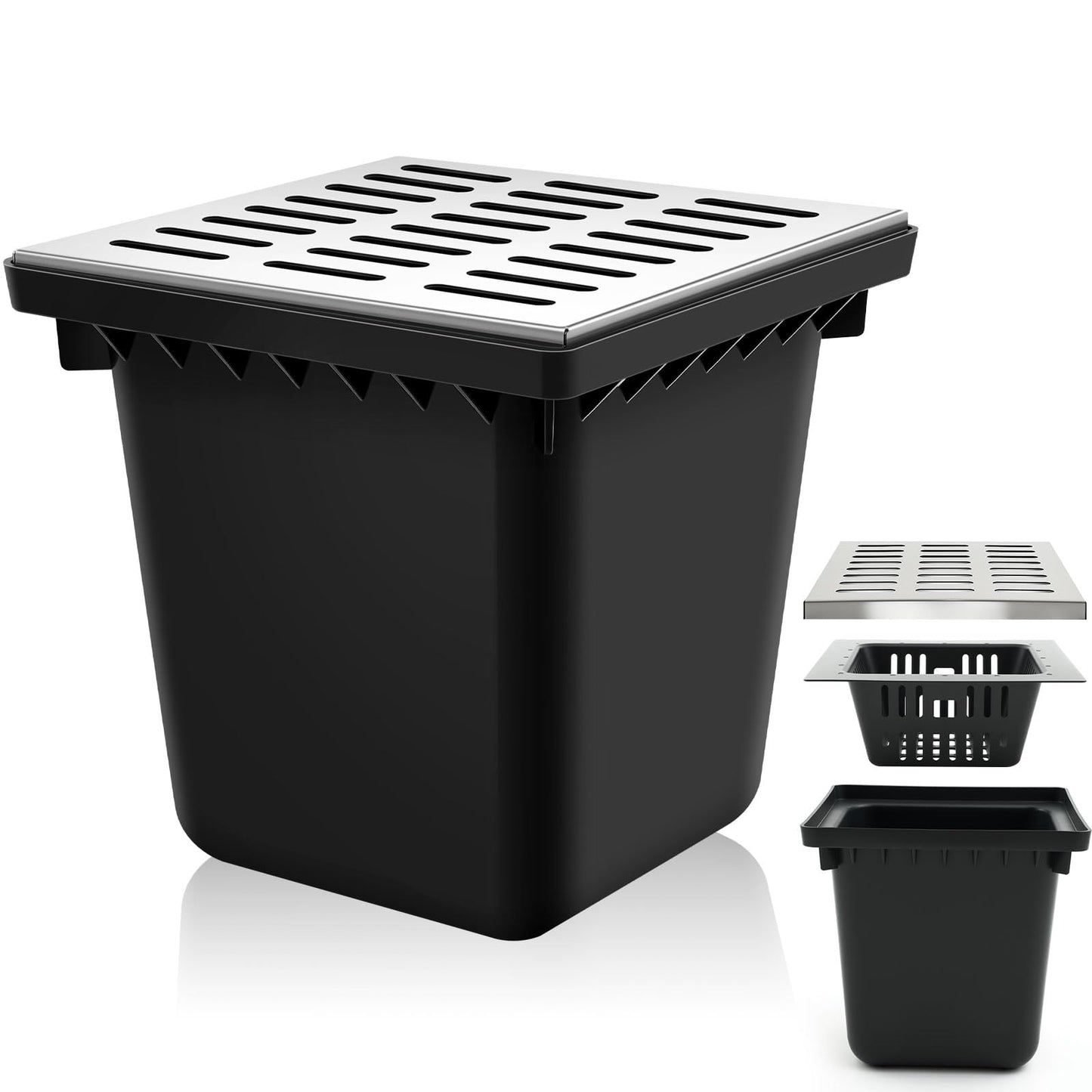 Kritkin18x18x15 Inch Catch Basin with Stainless Steel Grate Square Large Catch Basin for Drainage with Debris Basket French Drain Without Reserved Hole for Yard, Downspout, Municipal Pipeline