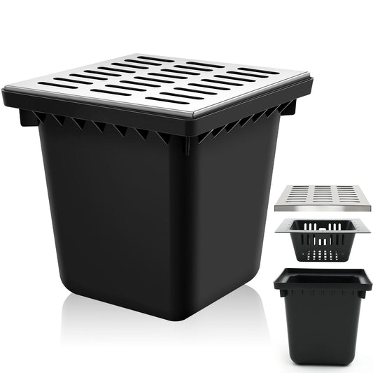 Kritkin18x18x15 Inch Catch Basin with Stainless Steel Grate Square Large Catch Basin for Drainage with Debris Basket French Drain Without Reserved Hole for Yard, Downspout, Municipal Pipeline