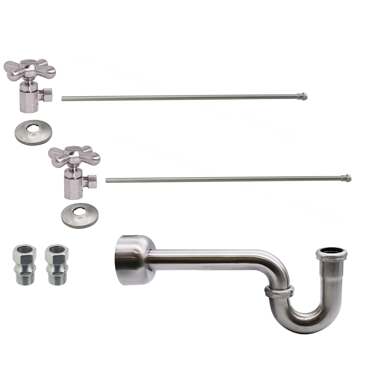 Westbrass A1838L-07 Freestanding Pedestal Sink Faucet Supply Line Risers with P-Trap, Flanges and Cross Handles, Satin Nickel
