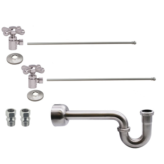 Westbrass A1838L-07 Freestanding Pedestal Sink Faucet Supply Line Risers with P-Trap, Flanges and Cross Handles, Satin Nickel