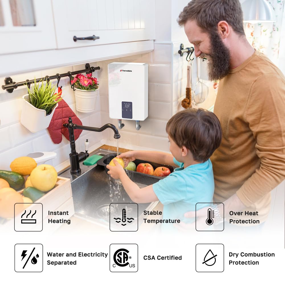 Tankless Water Heater Electric for Sink Faucet, ThermoMate 6000W 240V Point of Use Mini Instant Hot Water Heater CSA Certified with Self-modulating, 1.07GPM at 35°F Rise
