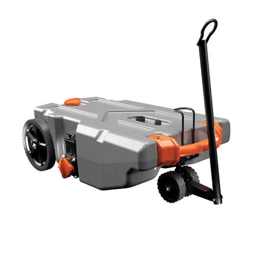 Camco Rhino 28-Gallon Portable RV Tote Tank - Features 2 Steerable No-Flat Front Wheels & Built-in Gate Valve - Includes Removable 24" Tow Bar, 3’ Sewer Hose & More RV Accessories (39005)