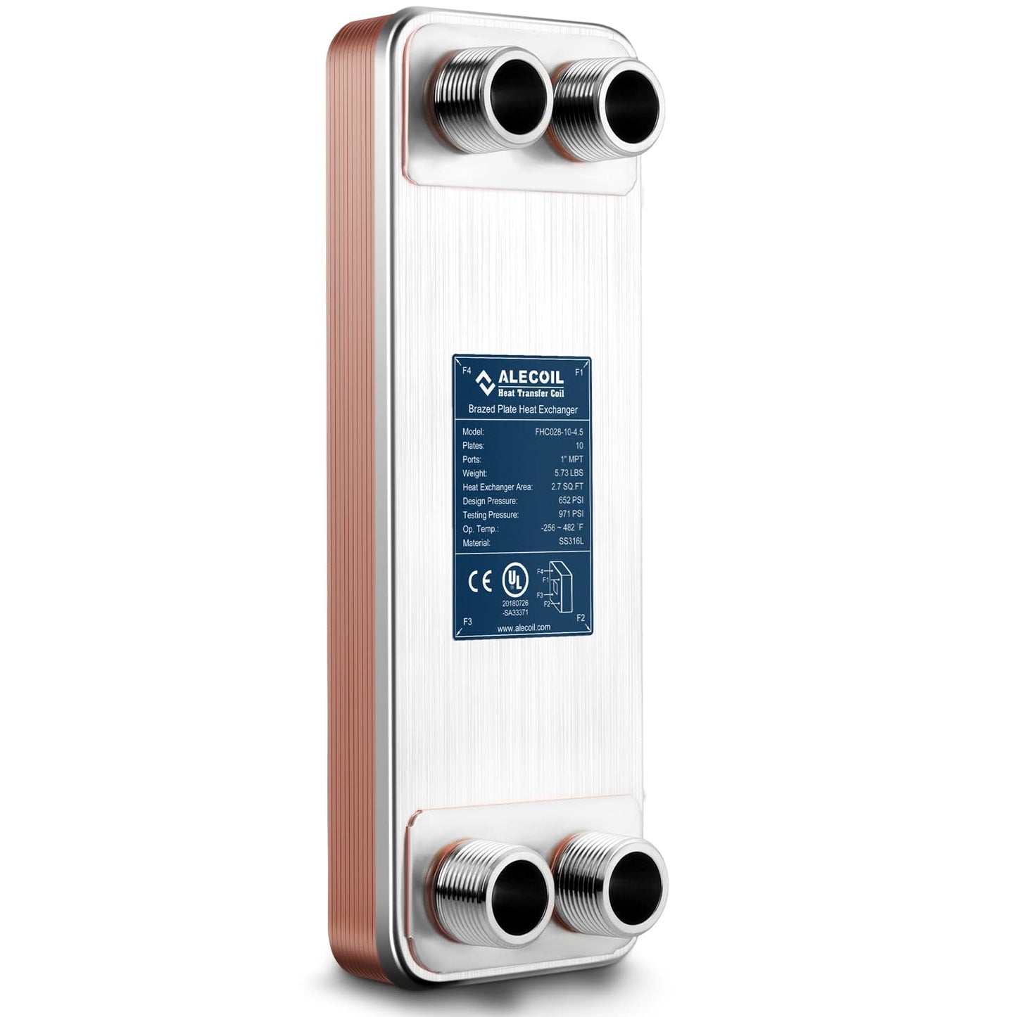ALECOIL 4"x12"-10 Plates Heat Exchanger with 1" MPT Port Water to Water 316L Stainless Steel Brazed Plate Heat Exchanger for Water Heating, Floor Heating, Industrial and Commercial Refrigeration