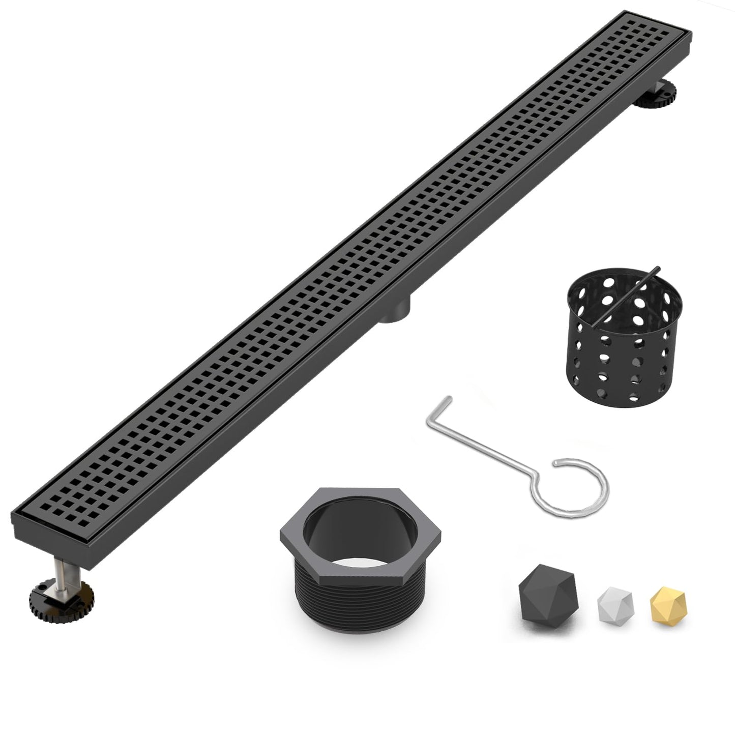 Linear Shower Drain | 48 Inch AISI 304 Stainless Steel Shower Drain, Matte Black Linear Drain with Removable Quadrato Grate Cover & Adjustable Feet, Rectangle Floor Drain, in Bathroom Balcony etc