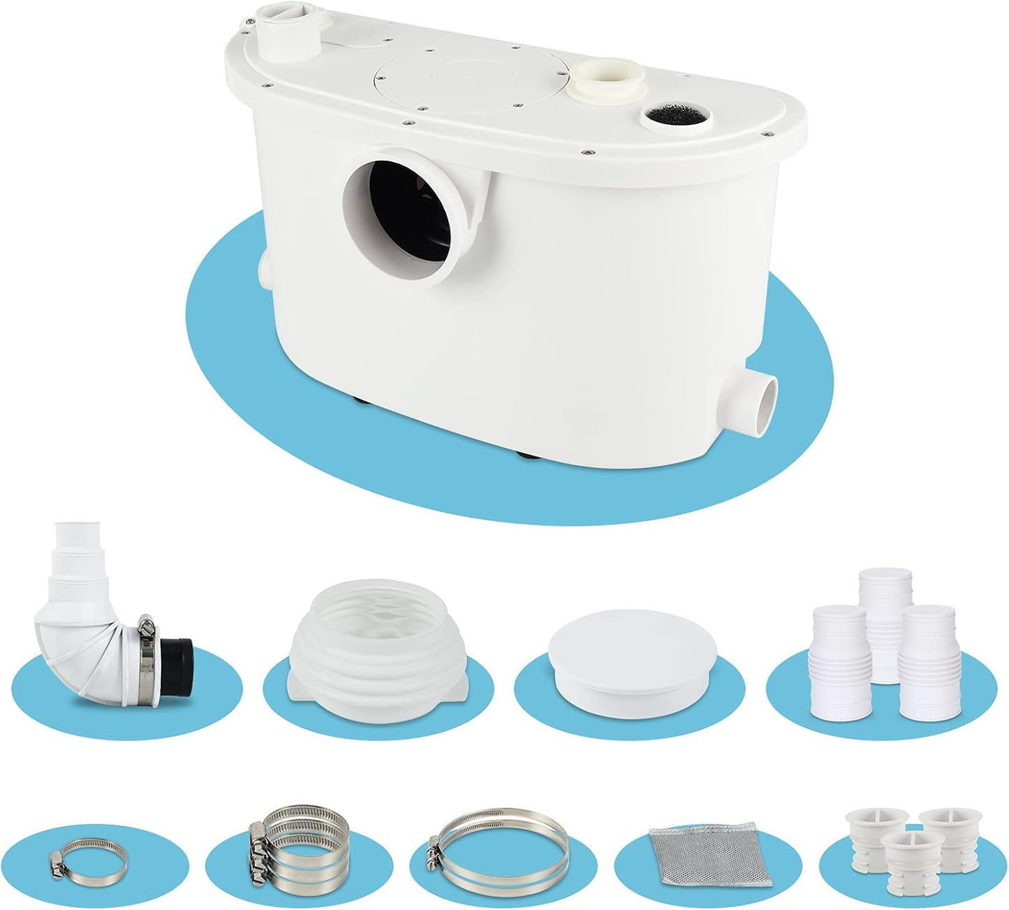 Macerating Toilet with 500W Pump, Two Piece Toilet with Extension Pipe,Elongated Bowl, Toilet Tank with Front Flush Valves, 3 Water Inlets Connect Full Bathroom, Sink, Toilet, Water Disposal