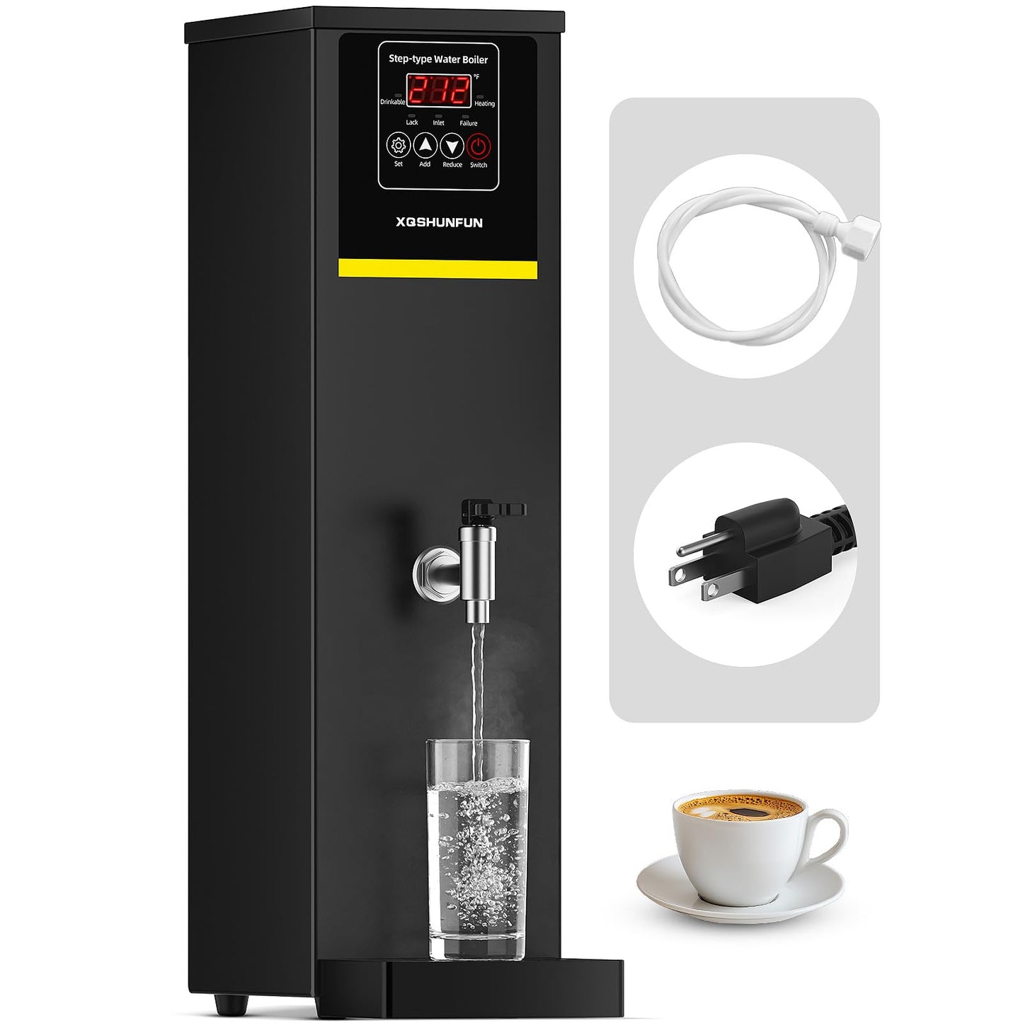 XQSHUNFUN Commercial Hot Water Dispenser, 12.68 Qt (12L) Auto-Refill Plumbed-in Water Boiler, 1500W Step-Heating, 104°F-212°F, Altitude Adaptive & °C/°F Switchable, 17 GPH Flow Rate, Glossy Black