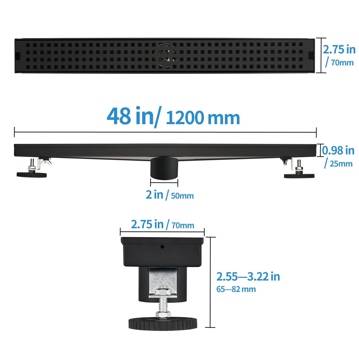 48 Inch Linear Shower Drain - Matte Black 304 Stainless Steel Rectangular Floor Drain with Adjustable Leveling Feet, Hair Strainer and Removable Grate