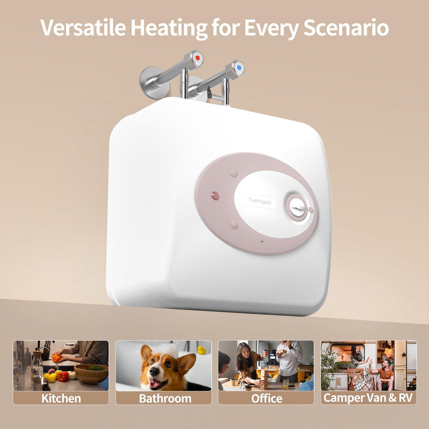 Feelrogast Electric Tank Water Heater-8 Gallon Under Sink Instant Hot Water for RV, Camper, Kitchen, Food Truck, 120V 1500W, Dusty Rose, Wall or Floor Mounted