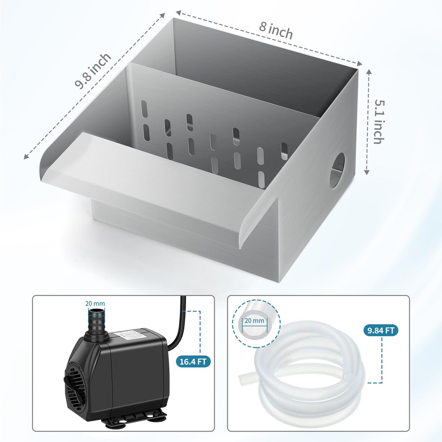 Pond Waterfall Spillway Kit with Filter Media & 800 GPH Pump, 304 Stainless Steel Waterfall Box, 9.8FT Hose, Complete Pond Kit for Outdoor Ponds, Koi Ponds, Fountain (8"L x 9.8"W x 5.1"H)