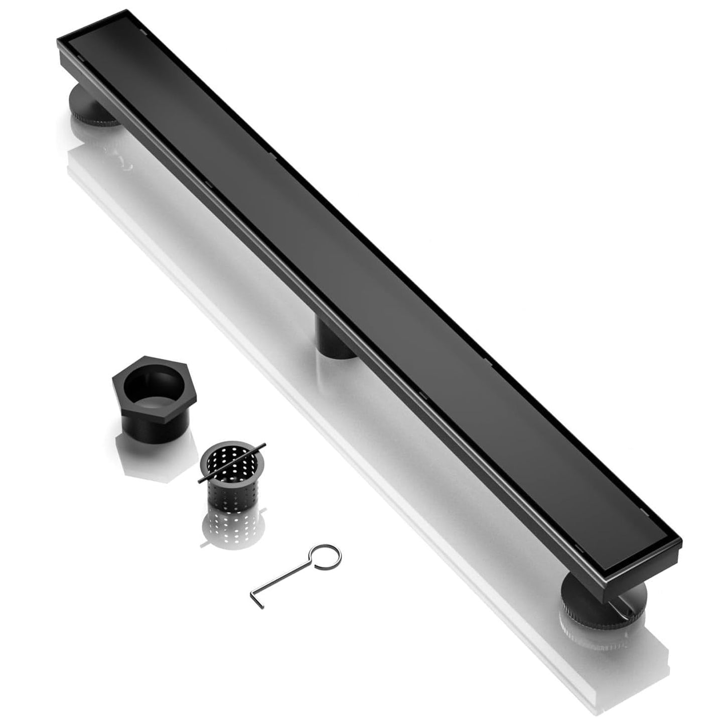 BARONAGE 48 Inch Linear Shower Drain, Rectangle Shower Floor Drain with 2-in-1 Flat & Tile Insert Cover, 304 Stainless Steel Bathroom Drains with Hair Catcher and Leveling Feet (Matte Black)