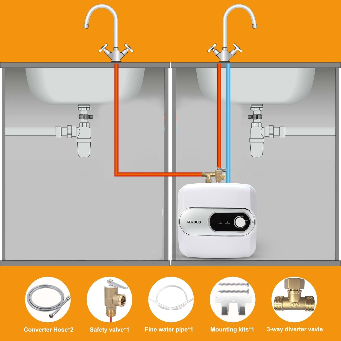 KENUOS 4 Gallon Water Heater Under Sink Instant Hot Water Heaters 1500W 110V 120V Mini Tank Water Heater with T&P Vavle 1/2" NPT for Kitchen,Bathroom,Camper,RV,Grey