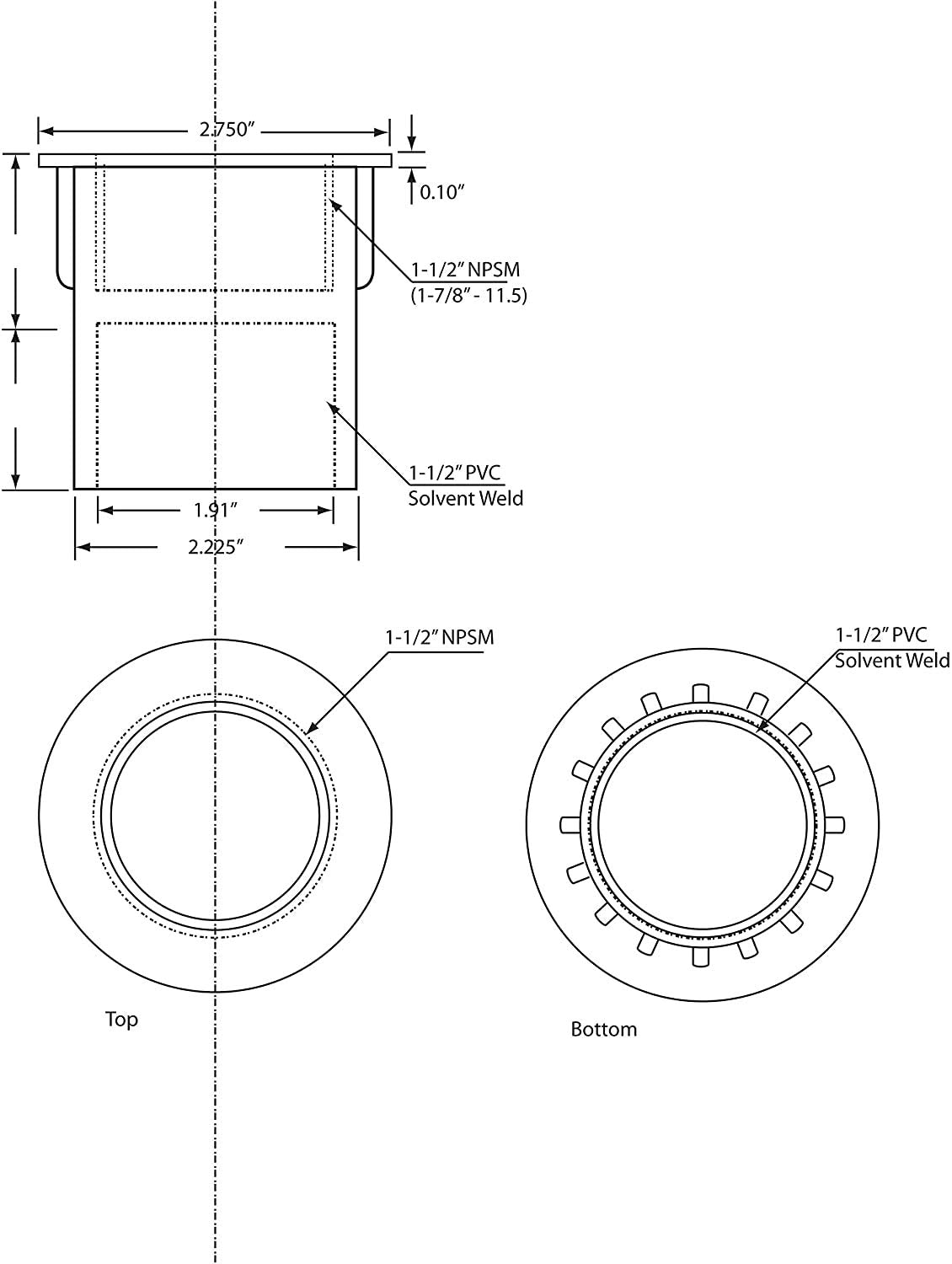 Westbrass 442P-48 1-1/2" NPMS Thread x 2-1/2" Straight Tub Drain Adapter with Slip Inlet, Sch 40 PVC White (48-Pack)