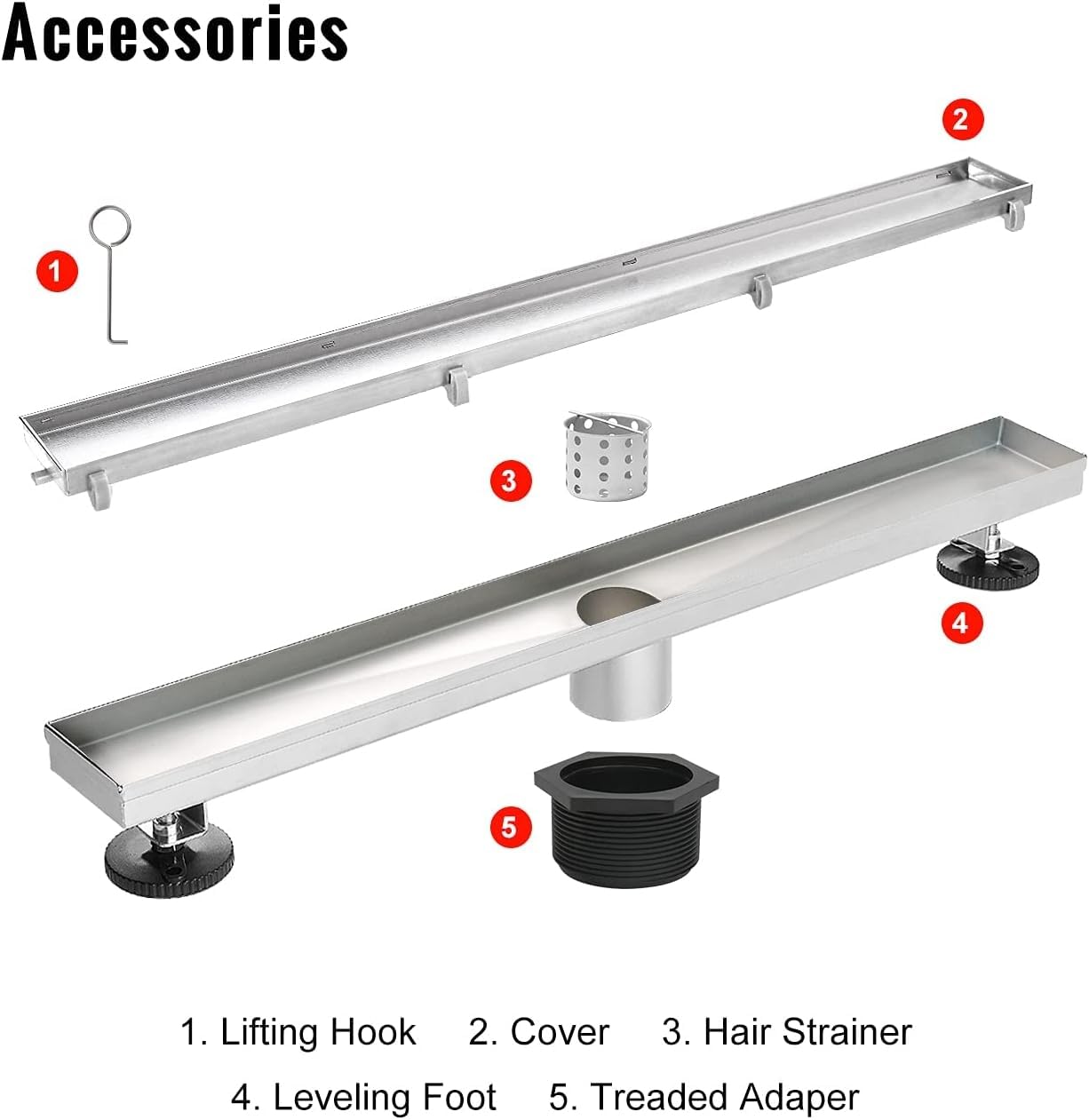 SaniteModar Linear Shower Drain, Shower Drain 60 inch 2 in 1 Tile Insert and Flat Cover, Brushed 304 Stainless Steel Linear Drain with Leveling feet and Hair Strainer
