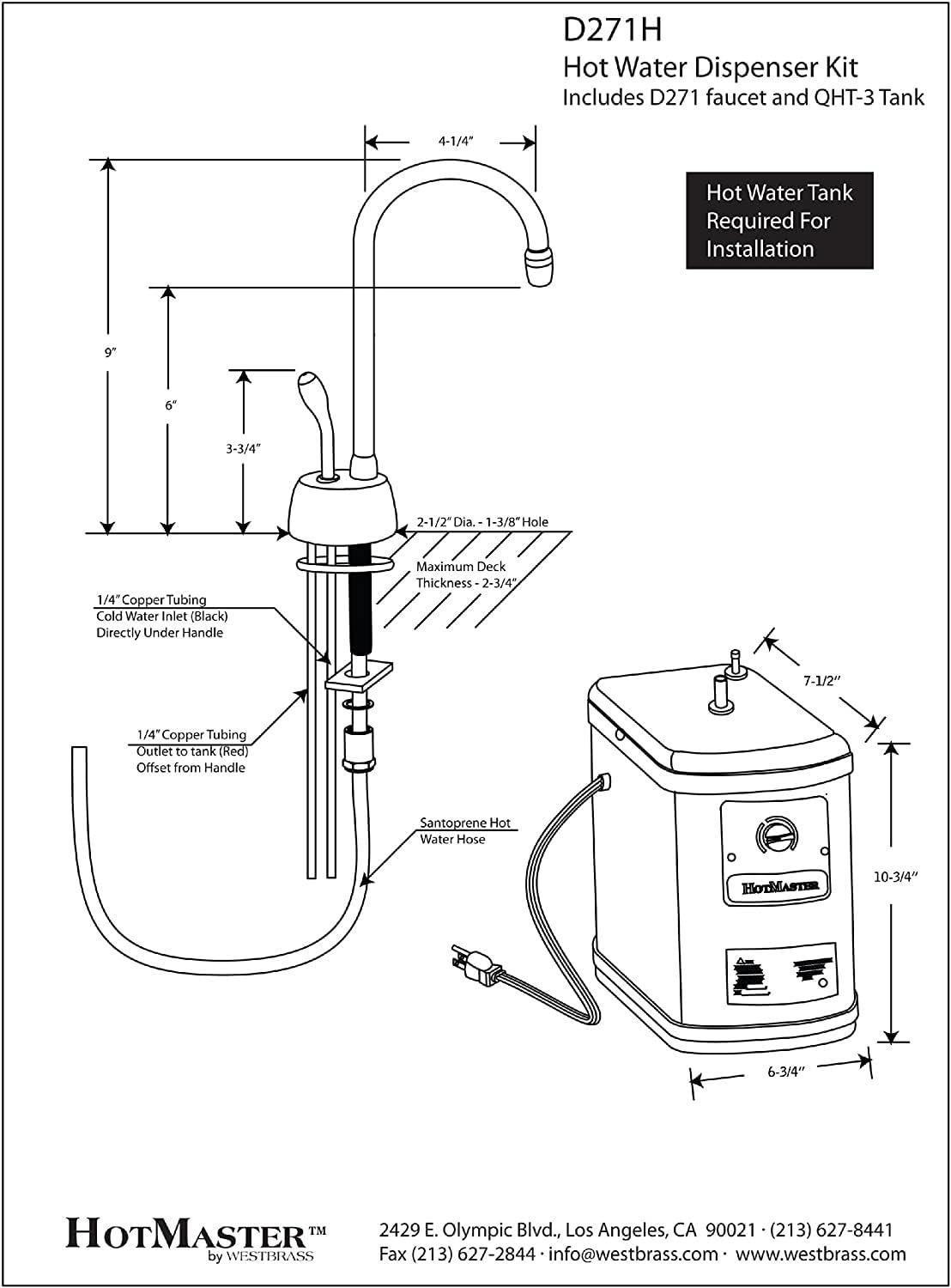 Westbrass D271H-26 Velosah 9" 1-Handle Hot Water Dispenser Faucet with Thermostatic Hot Water Tank, Polished Chrome