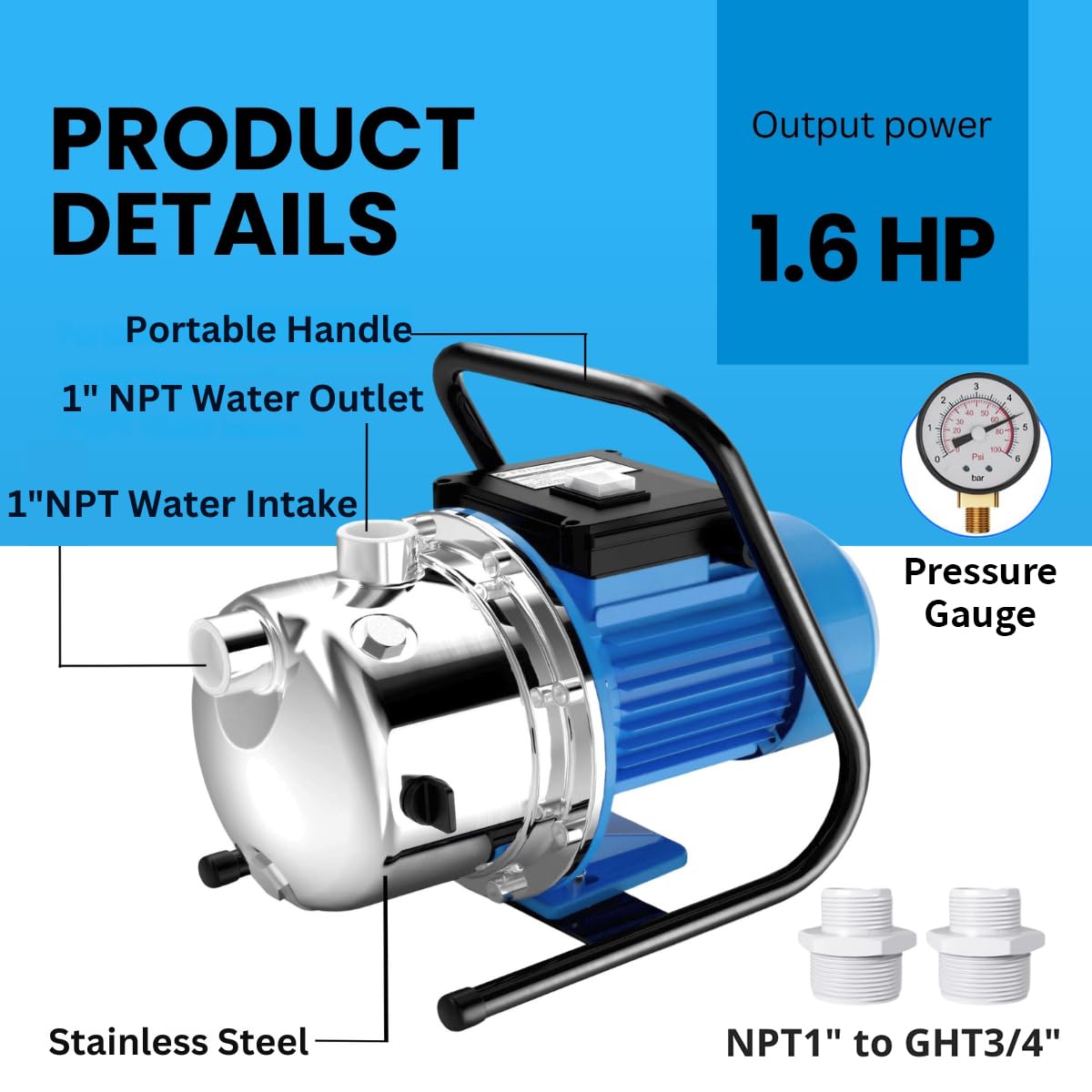 FOTING 1.6HP Shallow Well Pump, 1600GPH Jet Pumps Garden Pump, Water Transfer Draining Irrigation Pumps, Water Booster Jet Pump Stainless Steel for Home Garden Lawn Farm
