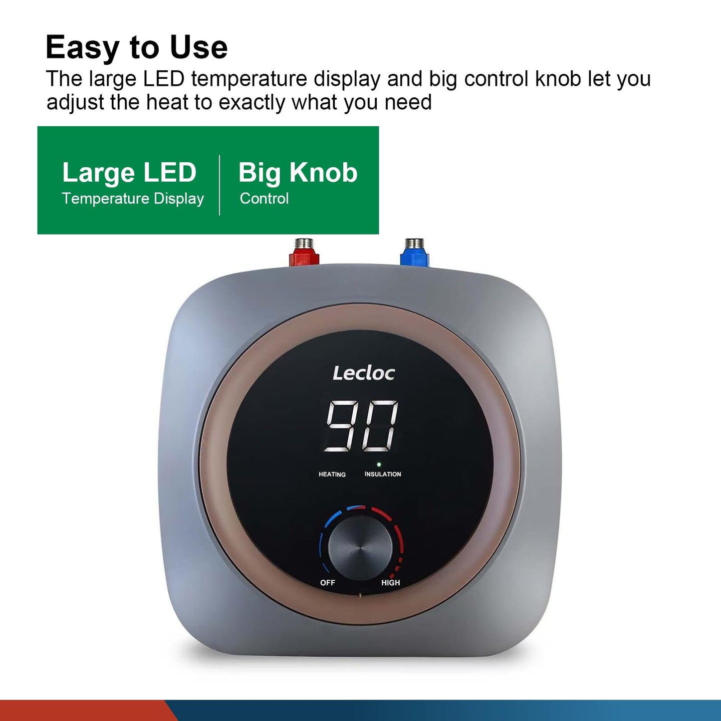 2.5 Gallon Under Sink Hot Water Heater 304 Stainless Steel Mini Tank, Large LED Temp. Display and Knob, Overheat Cut-Out with Auto Reset, IPX4, Instant Water Heater Electric 120V Plug-In, Modern Gray
