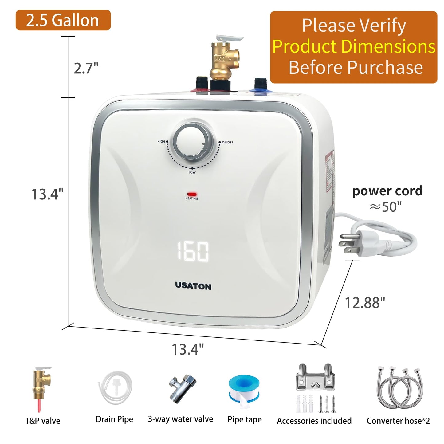 2.5 Gallon Hot Water Heater Electric - Compact Under Sink Instant Portable Mini Small Tank Hot Water with LED Display for Point of Use, RV Camper Kitchen, 110V/120 volt, 1440W, Wall or Floor Mounted