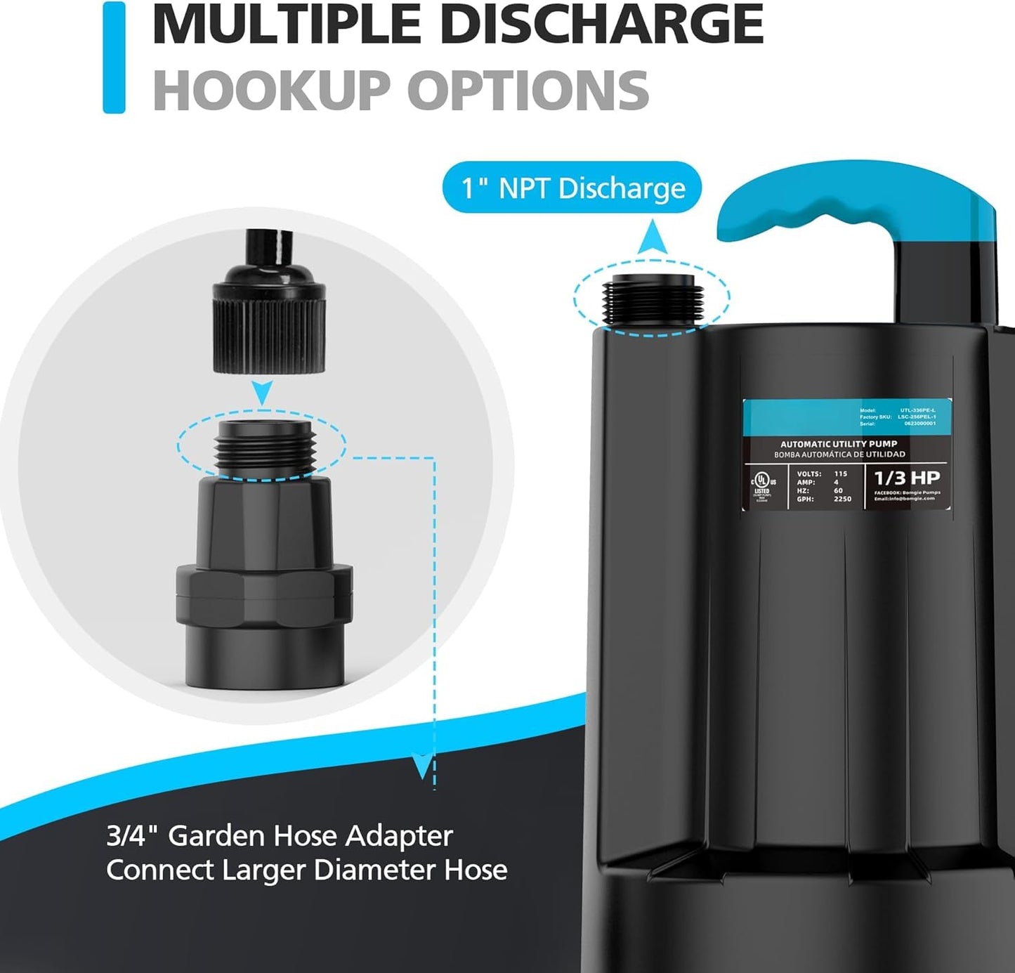 LEO Submersible Water Pump, 2250GPH Sump Pump Submersible Basement Portable Electric Utility Water Pump Removal for Pool Draining Basement Hot Tubs Garden Pool Cover Pond, Dark