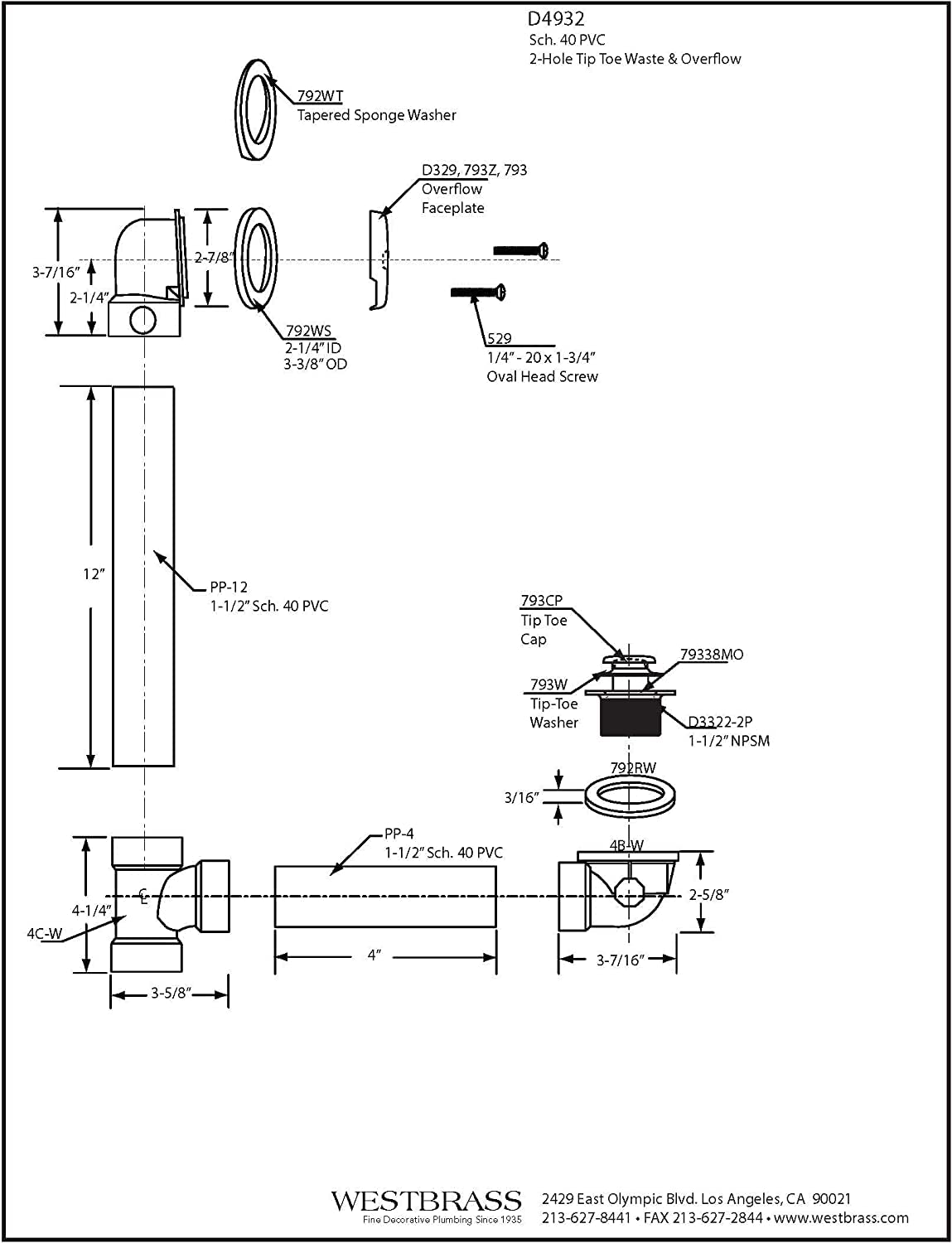 Westbrass D4932-12-12 1-1/2" x 12" Bath Waste & Overflow Assembly with Two-Hole Faceplate Cover and Tip-Toe Drain Plug - Sch. 40 PVC, Oil Rubbed (12-Pack)