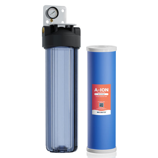 Max Water 1 Stage Tannin + Nitrates System - Heavy Duty - Anion systems and Anion Replacement Filters - 20" x 4.5, " 1" NPTF, Double O Ring Ports, Clear Filter Housing - Anion Resin Water Softening