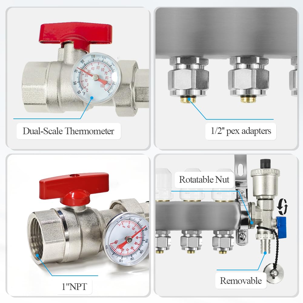 AB 7 Loop PEX/Radiant Manifold, PEX Tubing Radiant Heat Manifolds with 1/2'' Compatible Outlets, for Hydronic Radiant Floor Heating (1/2'' Adapters Included)