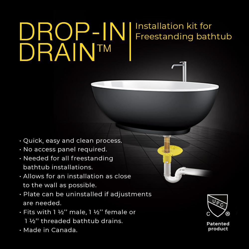 Drop-In Drain Freestanding Bathtub Drain Kit – Rough-in Installation System, White PVC & Brass Plumbing Pipes, Fits 1-1/2" Threaded Male & Female Drains, Leak-Proof DIY Install