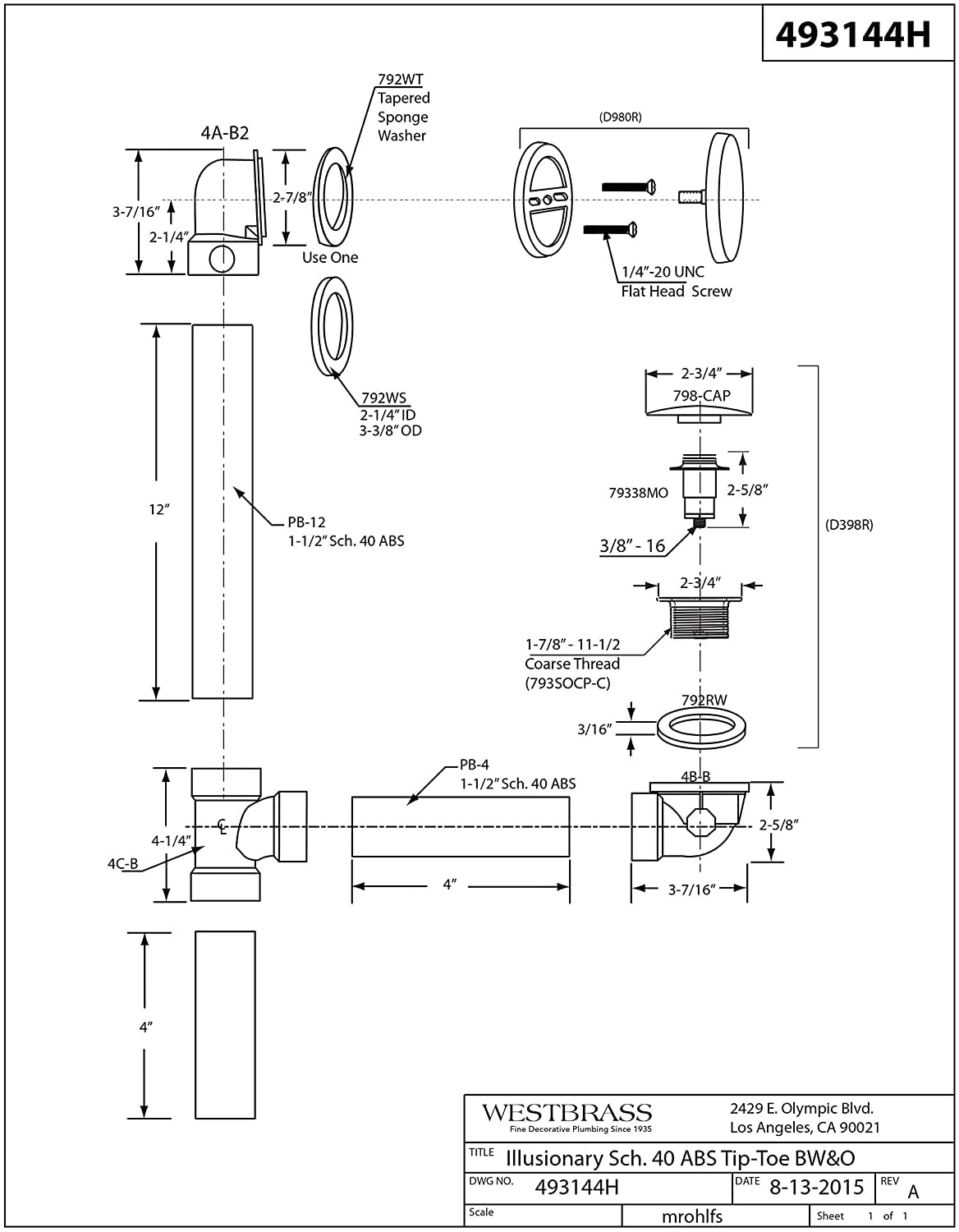 Westbrass 493144H-05 14" Sch. 40 ABS Bath Waste & Overflow Assembly with Tip-Toe Drain Plug and Illusionary Faceplate, Polished Nickel (12-Pack)