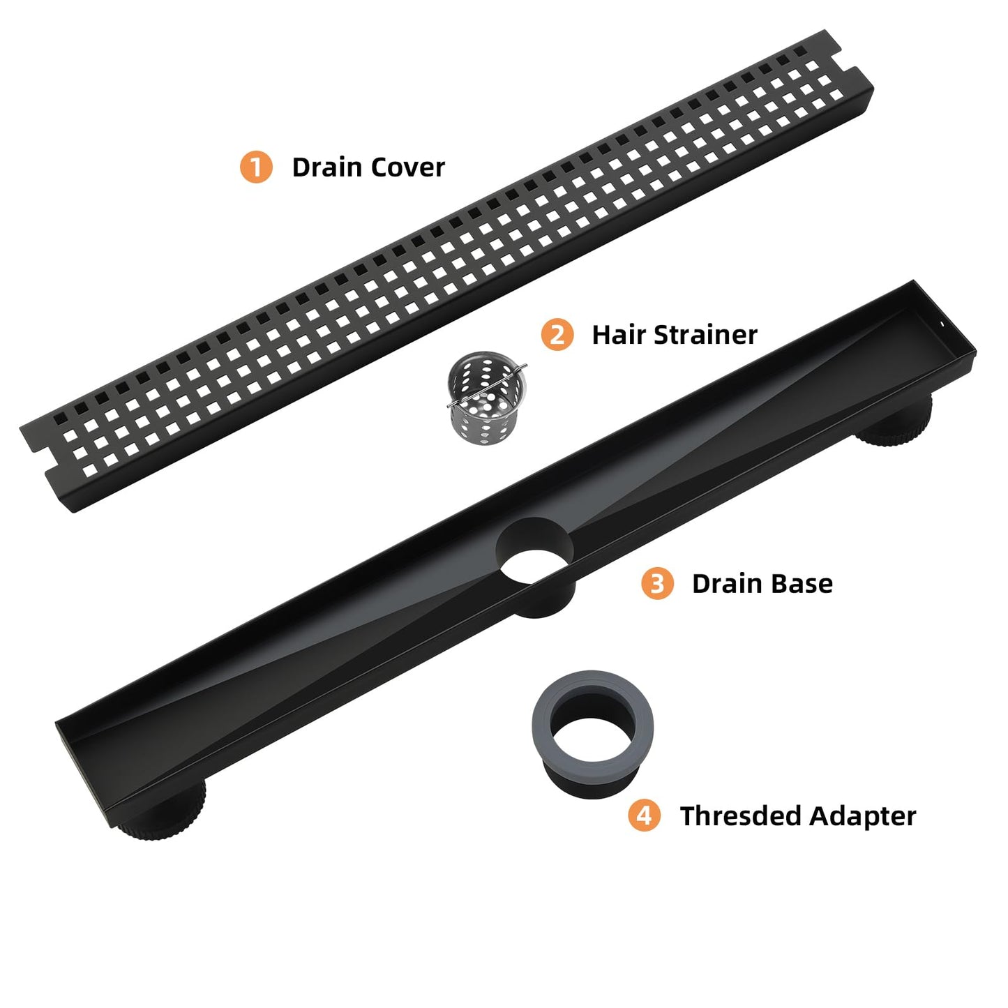 48 Inch Linear Shower Drain - Matte Black 304 Stainless Steel Rectangular Floor Drain with Adjustable Leveling Feet, Hair Strainer and Removable Grate