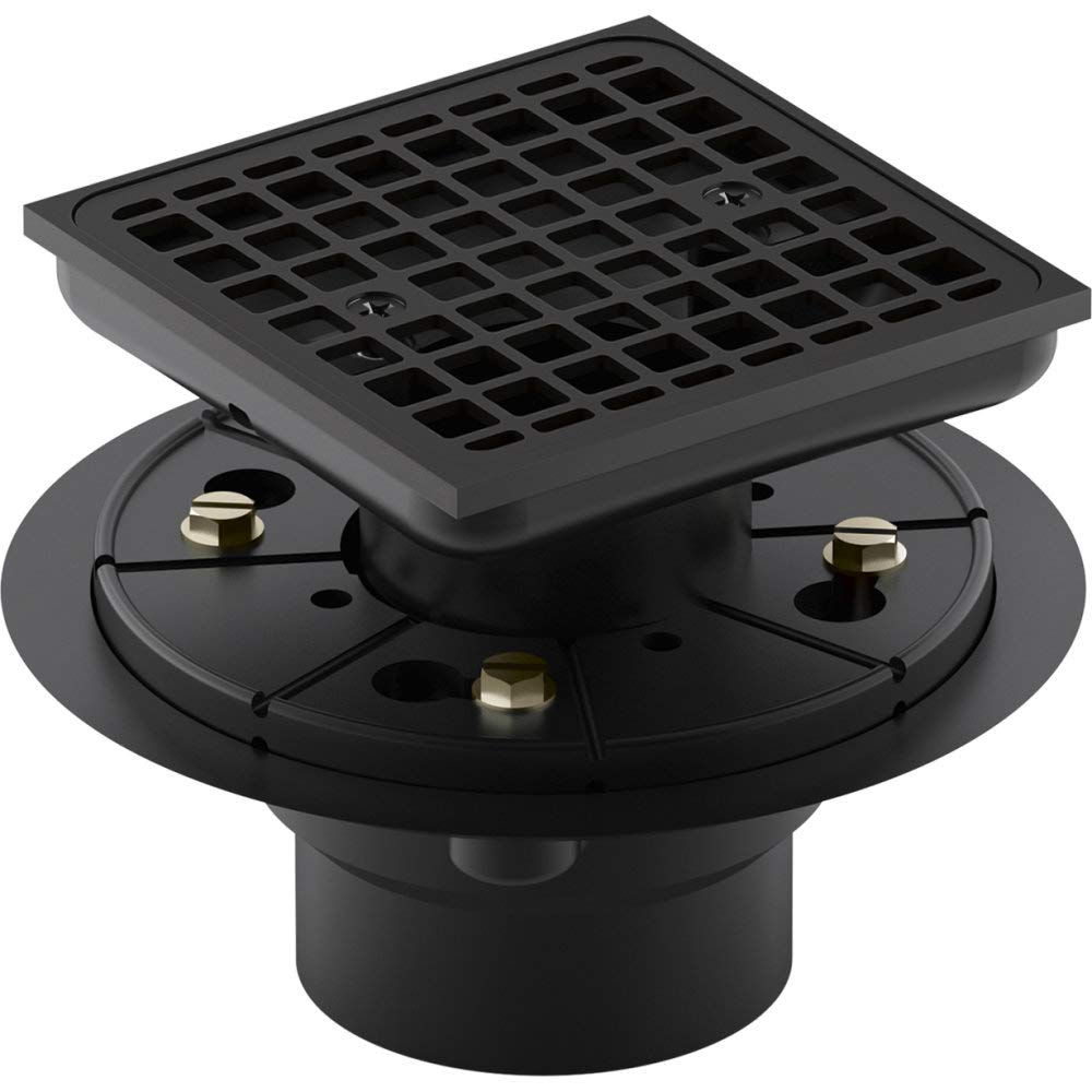 KOHLER K-9136-BL Clearflo Square Design Tile-In Shower Drain, Removable Grid Plate, 2" & 3" PVC Connection, Corrosion Resistant, Matte Black