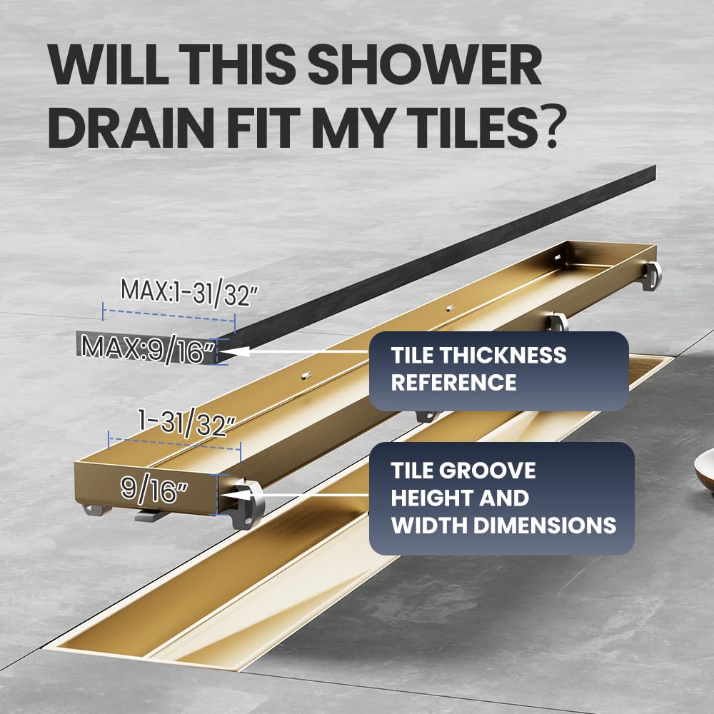 LISEEGO Linear Shower Drain 48 Inch Gold, Shower Drain with 2-in-1 Tile Insert Panel, Brushed AISI 304 Stainless Steel Linear Drain for Fast Drainage, Floor Drain for Bathroom, Kitchen, Garage & More