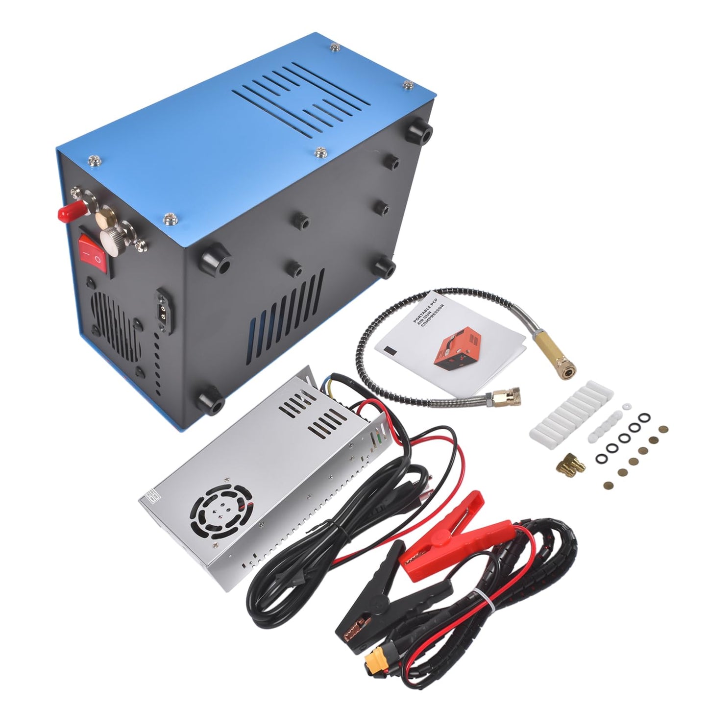 PCP Air Compressor 4500PSI/30Mpa, 12V DC/110V AC High Pressure Air Pump with Built-in Converter, Water/Oil-Free with Oil-Moisture Filter, for PCP Air Rifle Pistol Paintball Scuba Tank, Blue Mixizap