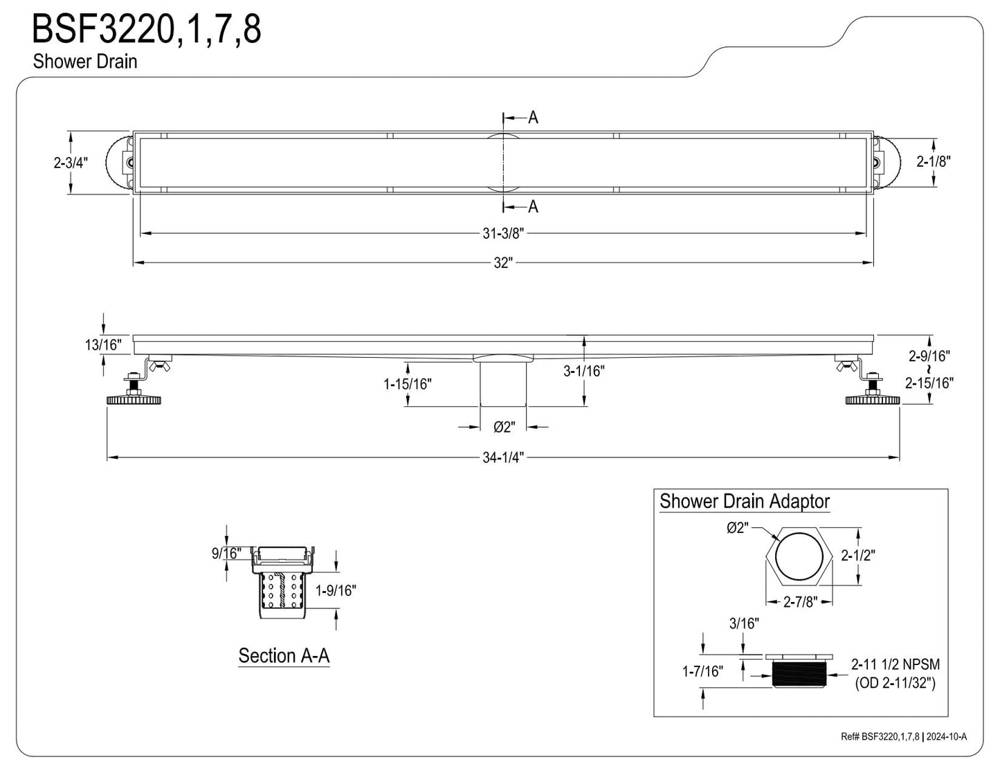 Kingston Brass BSF3227 Watercourse 32" Stainless Steel Linear Shower Drain with Reversible Tile Insert and Flat Grate, Brushed Brass