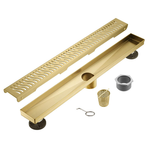 Sharp-tec Linear Shower Drain, 48 inch Shower Drain with Removable Pattern Cover, Brushed Gold 304 Stainless Steel Rectangle Floor Drain, Adjustable Feet and Hair Strainer Included