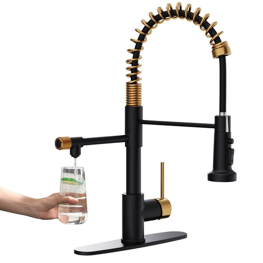 GIMILI Black and Gold Drinking Water Faucet 3 in1 Commercial Style Pull-Down Single Handle Filter Kitchen Faucet for Water Filtration System,Without Water Filtration Device