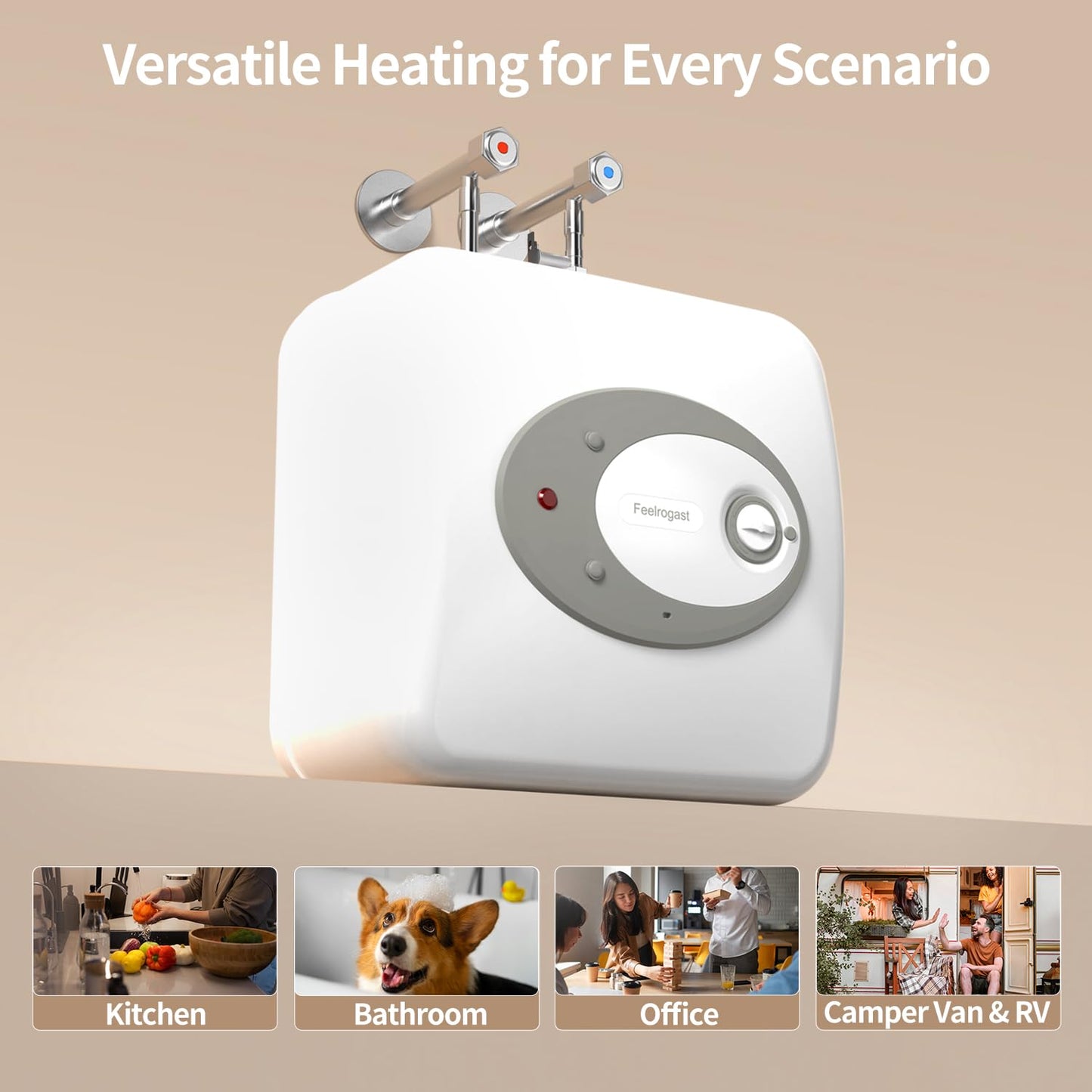 Feelrogast Electric Mini Tank Water Heater-4 Gallon Under Sink Instant Hot Water for RV, Camper, Kitchen, Food Truck, 120V 1500W, Wall or Floor Mounted