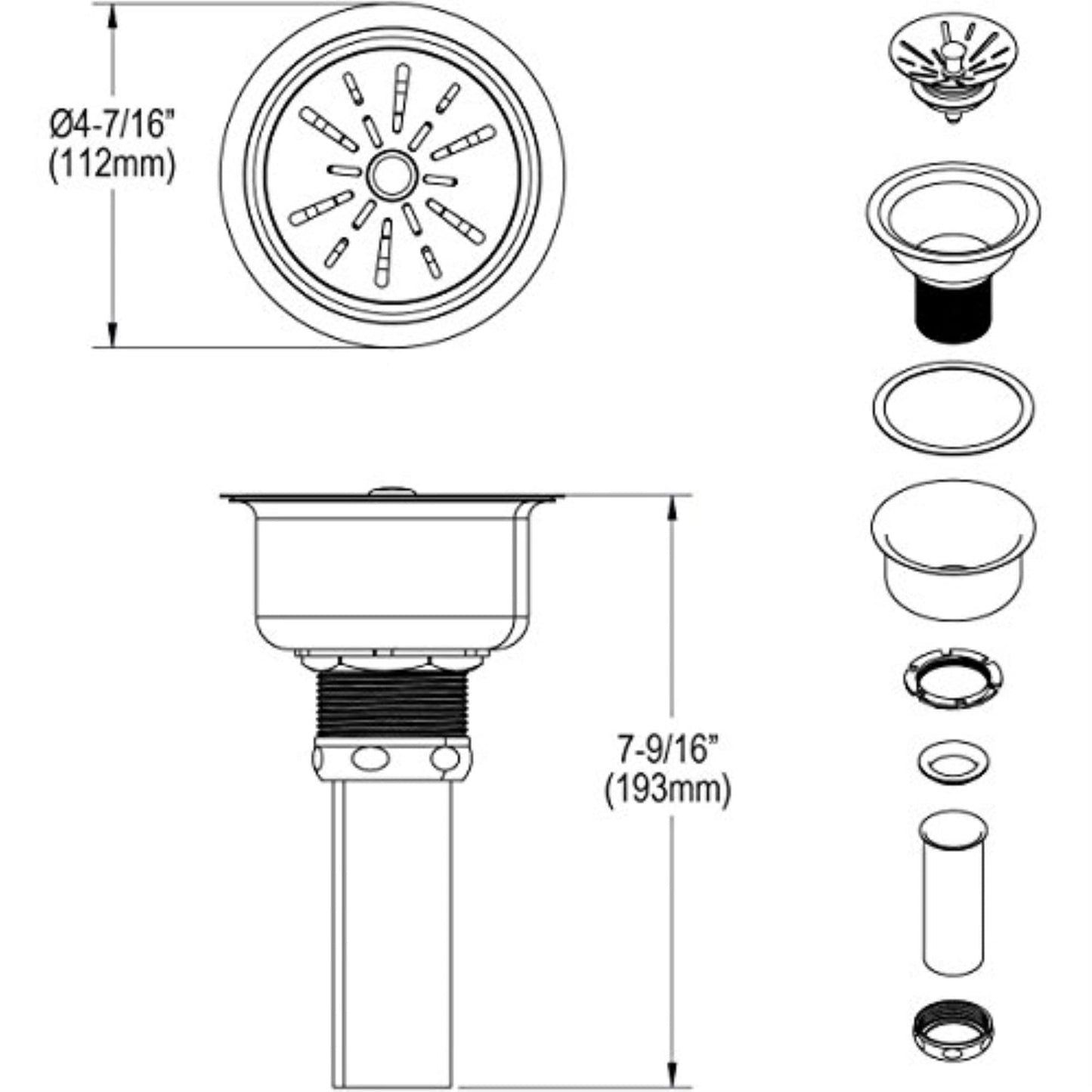 Elkay LK99 3-1/2" Deluxe Drain with Type 304 Stainless Steel Body, Strainer Basket, Rubber Seal, and Tailpiece