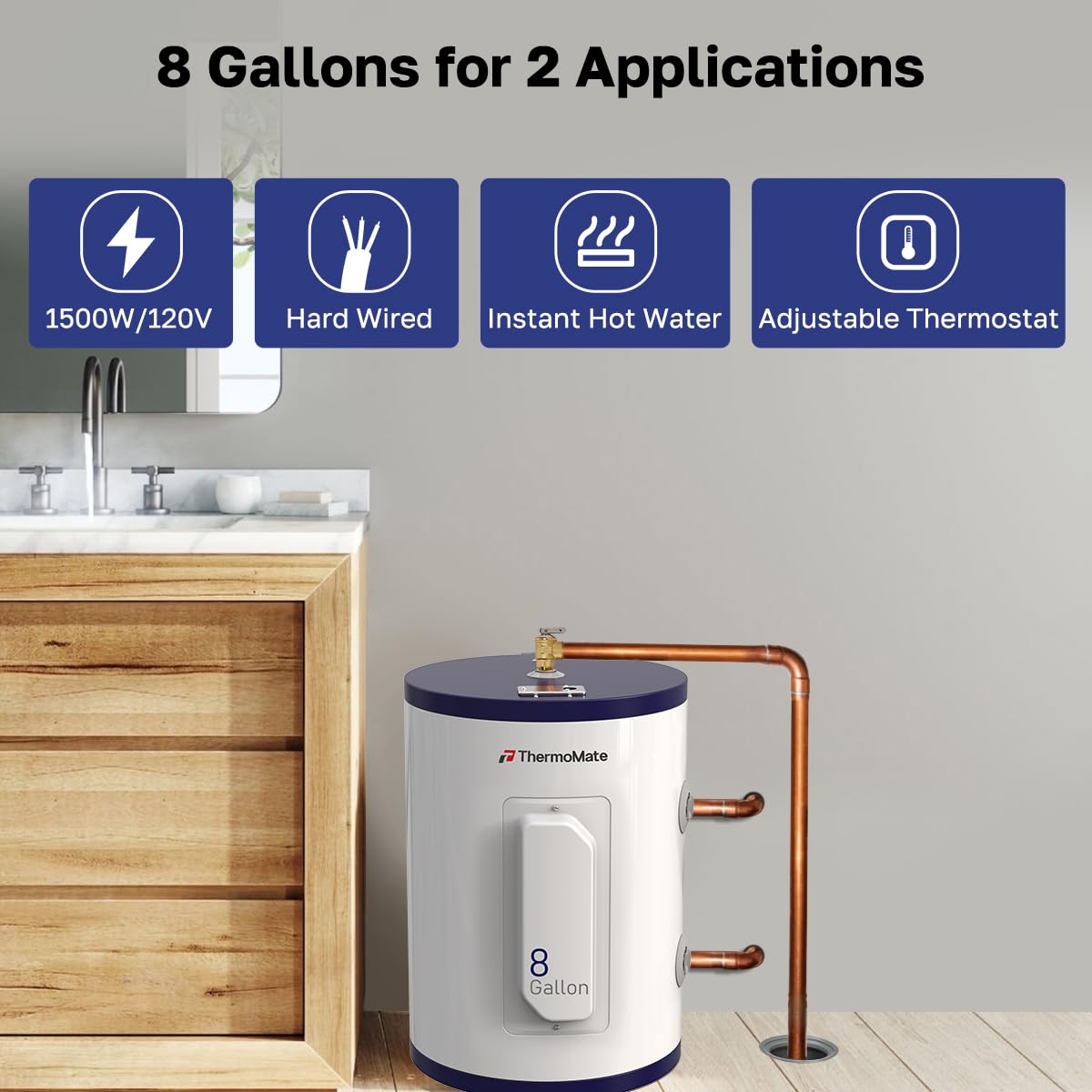 ThermoMate Tank Water Heater Electric, 8 Gallon Small Point of Use Residential Hot Water Heater, 1500W 120Volt Compact, Adjustable Thermostat, UL Listed (ES900)