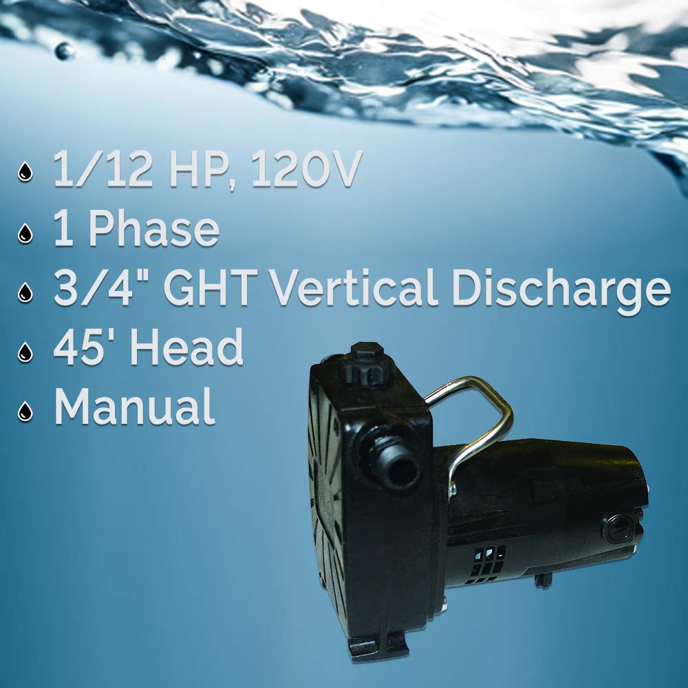 Barnes 134677 Model BT12 Transfer Pump, 1/12 hp, 120V, 1 Phase, 3/4" GHT Vertical Discharge, 45' Head, Manual