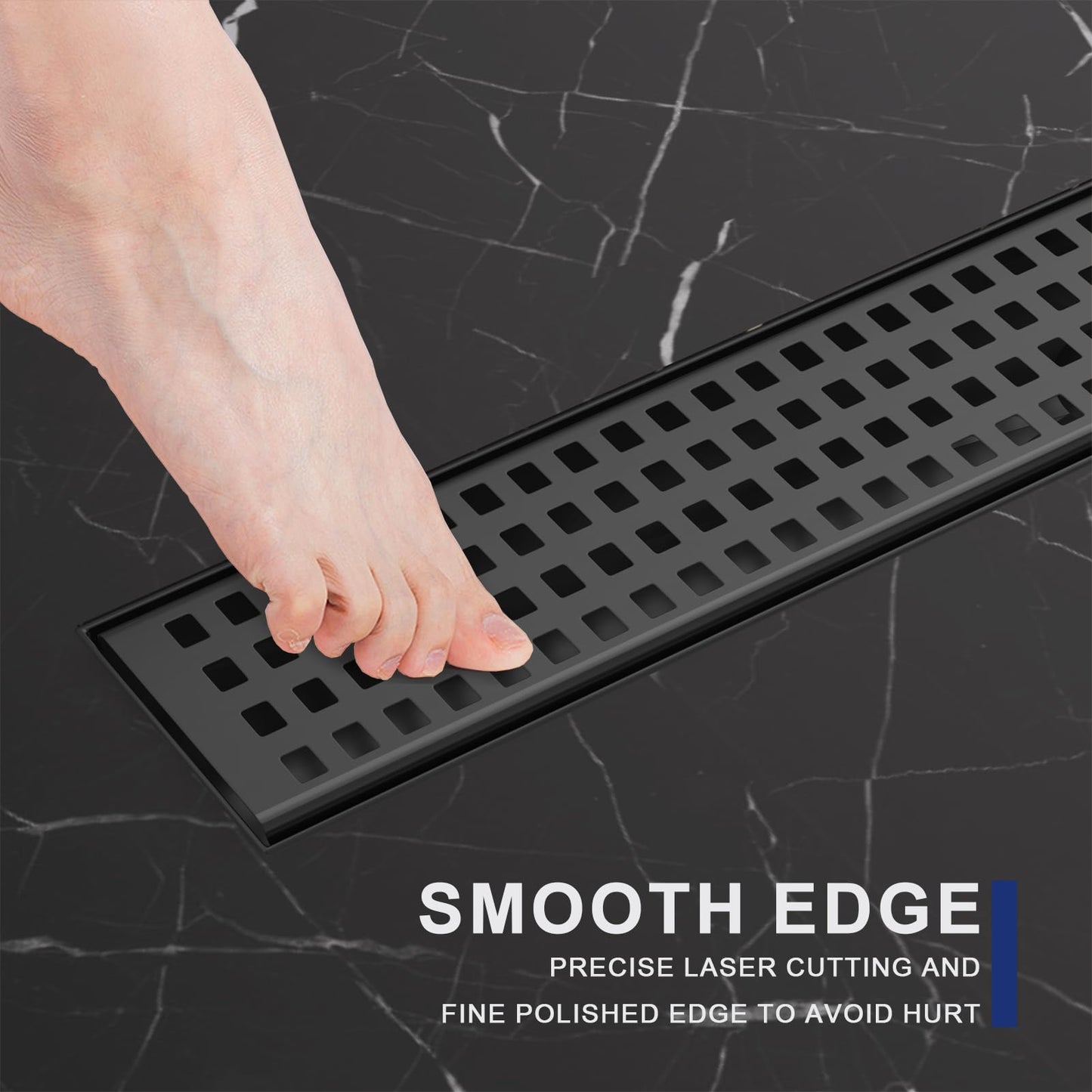 Linear Shower Drain | 48 Inch AISI 304 Stainless Steel Shower Drain, Matte Black Linear Drain with Removable Quadrato Grate Cover & Adjustable Feet, Rectangle Floor Drain, in Bathroom Balcony etc