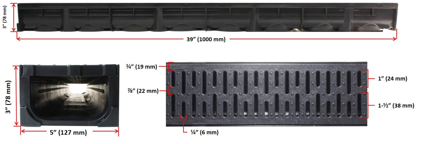 URA WATER - Model UA-100 - Drainage Trench Set - Channel Drain With Grate - Black Plastic - 3 x 39" - (117" Total Length)