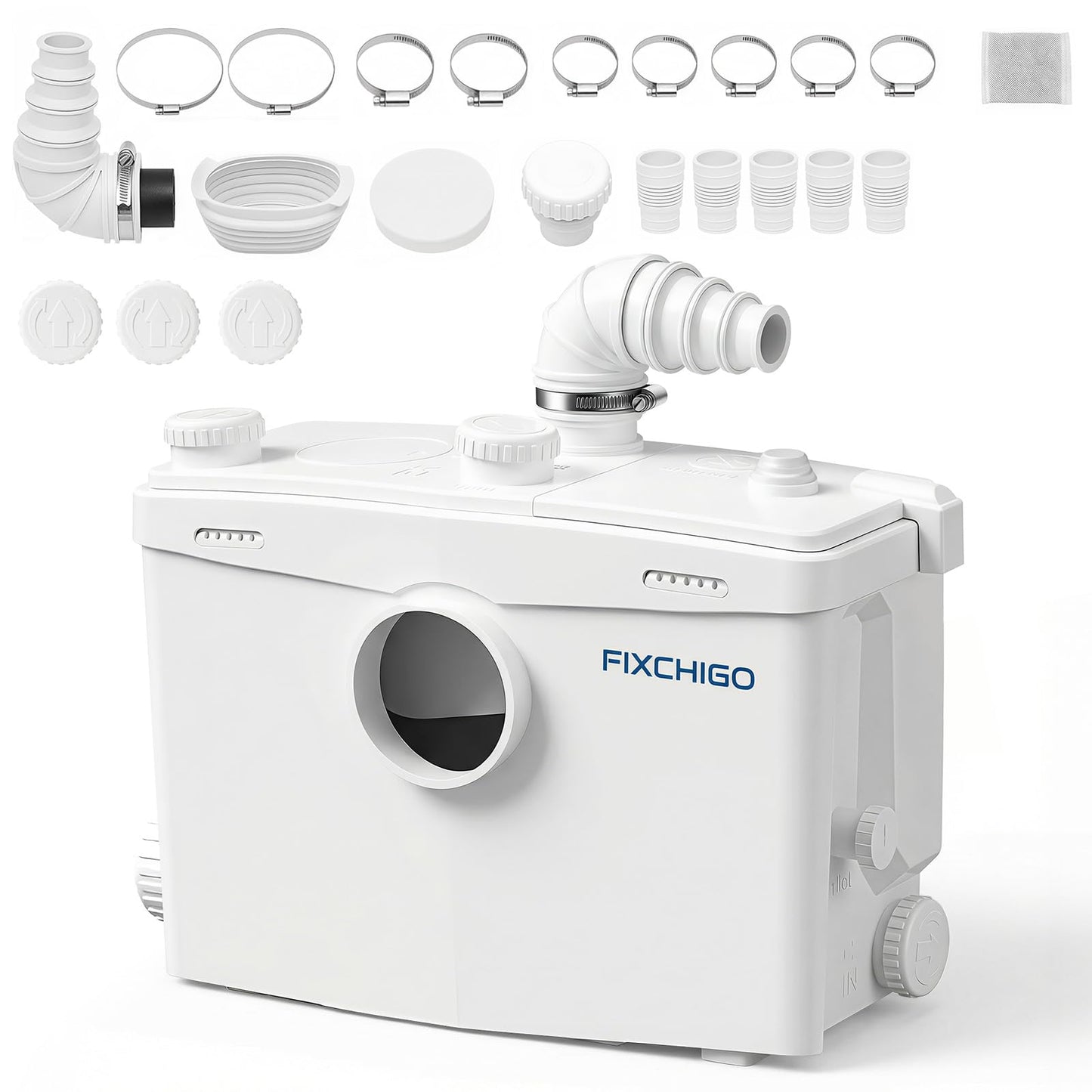 FIXCHIGO 1500W Macerator Pump, Macerating Toilet System with 4 Inlets/2 Outlets, 48 GPM Flow, 42.7 FT Head, PCB Smart Control Sewage Pump for Basement, Sink, Toilet, Laundry, Kitchen