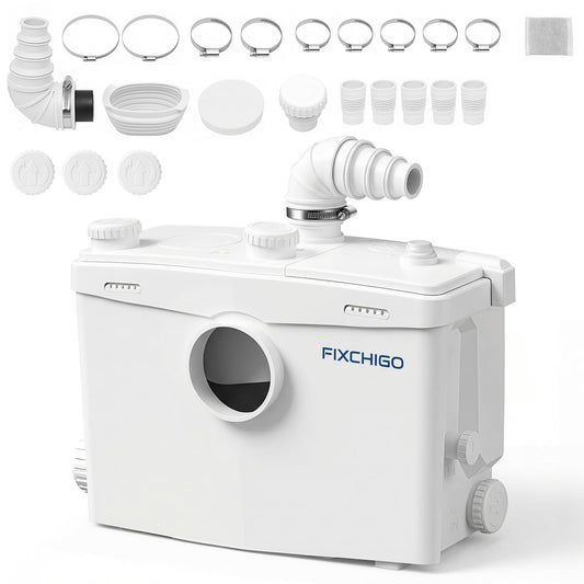 FIXCHIGO 1500W Macerator Pump, Macerating Toilet System with 4 Inlets/2 Outlets, 48 GPM Flow, 42.7 FT Head, PCB Smart Control Sewage Pump for Basement, Sink, Toilet, Laundry, Kitchen
