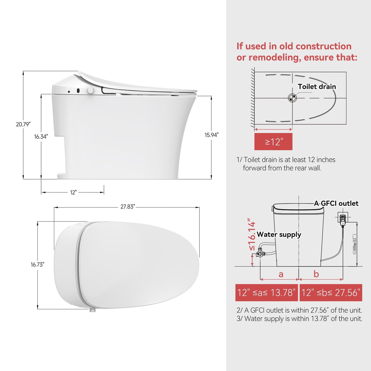R&T C2 Smart Toilet with Tank, One-Piece Bidet Toilet, Blackout Flush, Auto Open & Flush, Foot Sensor, Remote Control, Heated Seat, Warm Water, Air Dryer, Night Light & Deodorizer