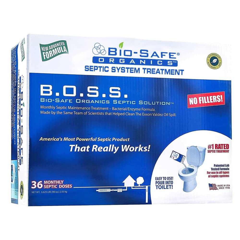 Bio-Safe Organics B.O.S.S - Septic Tank Treatment - 36 Monthly Doses - Septic Cleaner - Drain Cleaner - Drain Clog Remover - Unclog Toilet Septic Maintenance - Exxon Valdez Patented 100% Guaranteed