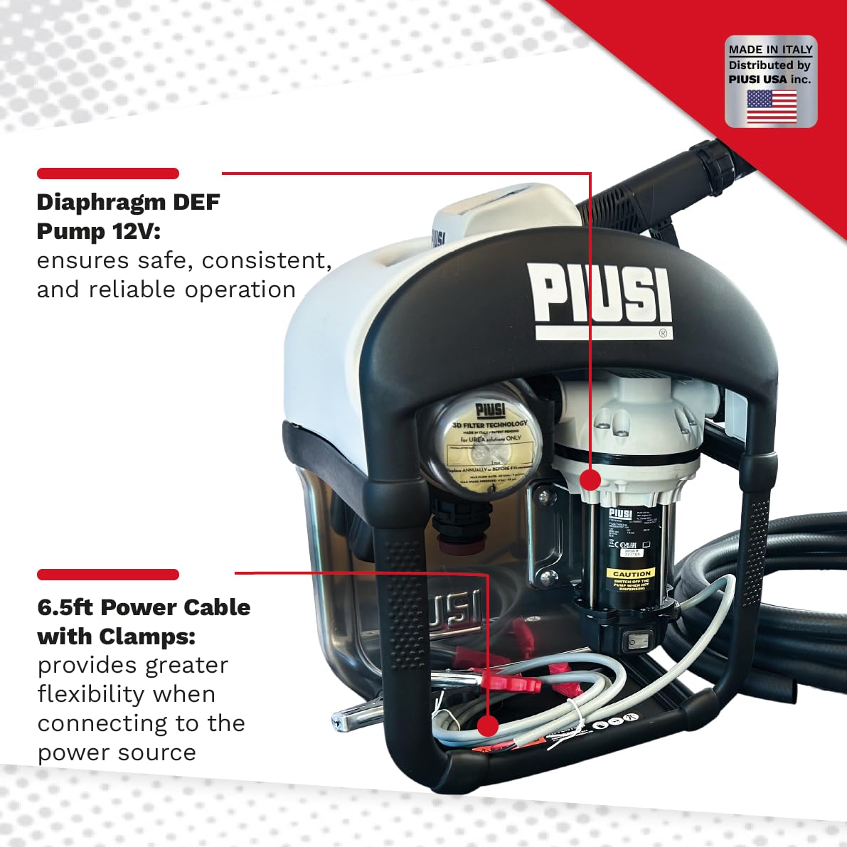 Piusi THREE25 DEF Transfer Pump Kit 9 GPM Equipped with Filter, 19 ft Discharge Hose, Automatic Nozzle with Meter Specifically Designed for IBC Tanks (DC 12V)