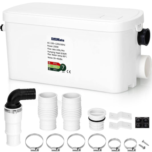 EffiMate Macerator Pump, Silent 250W Sewage Sump Pump, 6000 L/h Flow, Upflush 26.3ft Head, IPX7, Utility Sink with 2 Inlets for Wastewater Disposal in Basement Shower Bathtub Laundry Kitchen RVs