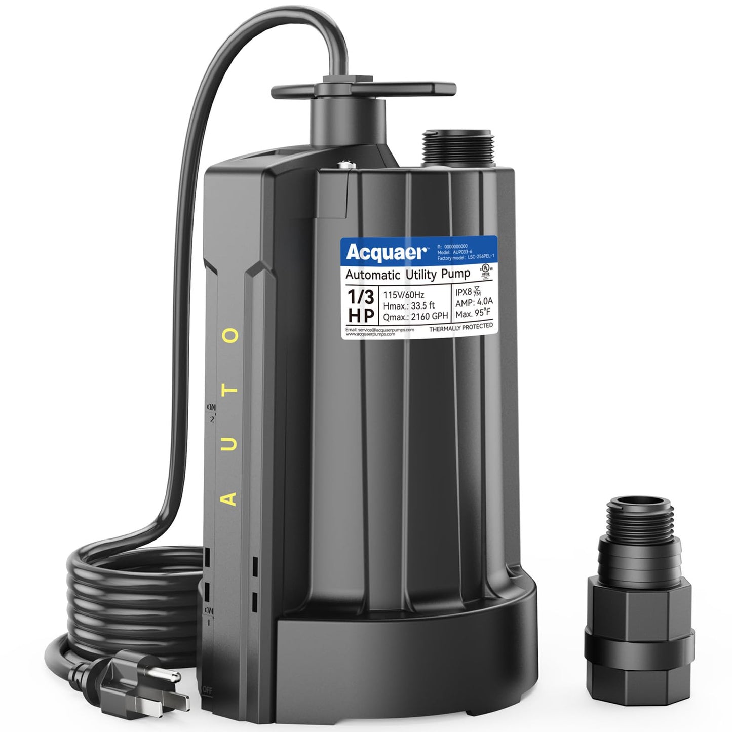 Acquaer 1/3 HP Submersible Water Pump, 115V Sump Pump with 3/4” Garden Hose Adapter, 2160 GPH High Flow Water Removal for Swimming Pool Cover Hot Tubs Flooded House Basement, Black