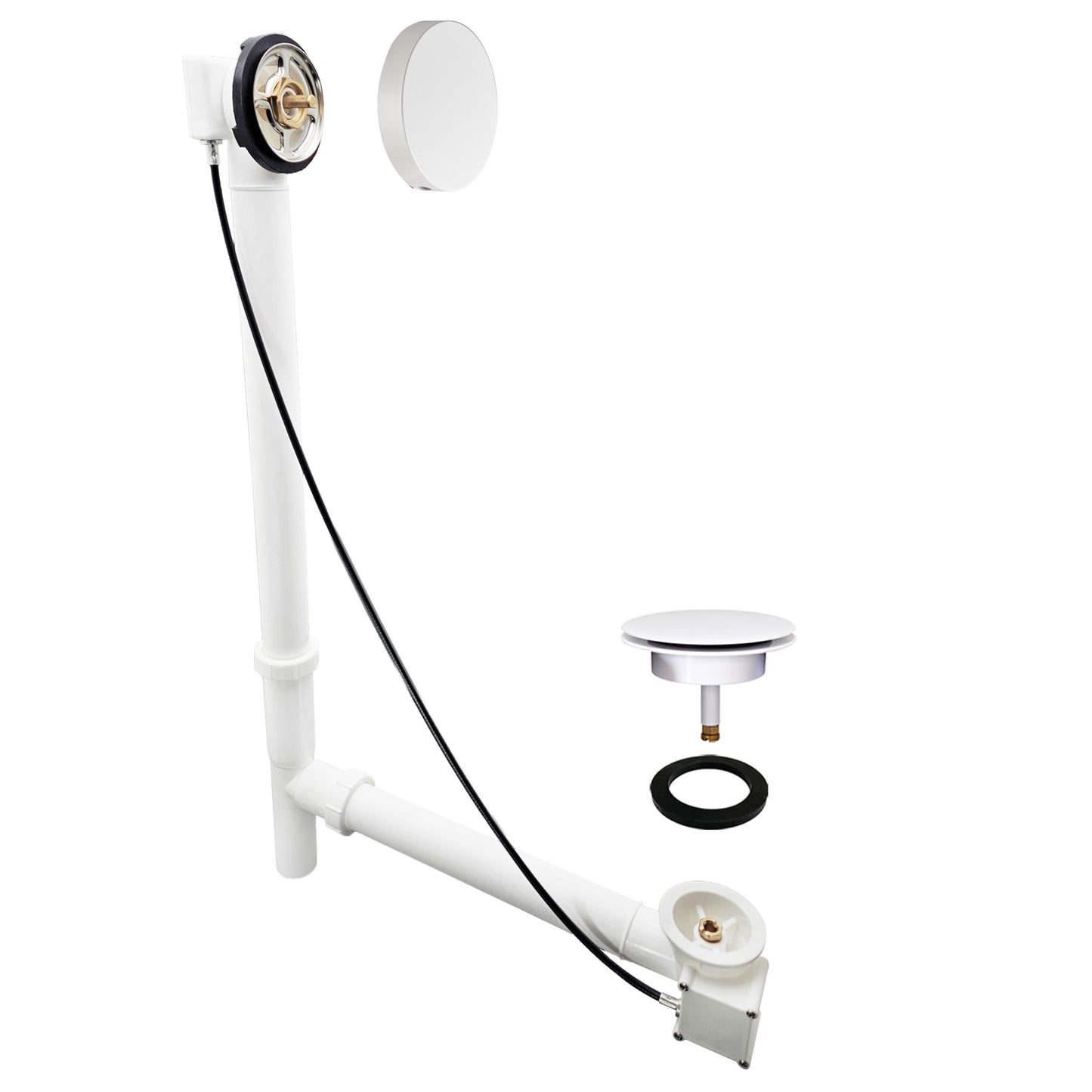 Westbrass D50P27TLERE-50 27" Cable Drive Bath Drain Trim with Rotary Overflow Cover Knob, Pop-Up Stopper and Poly Tubular Pipes & Fittings, Powder Coat White